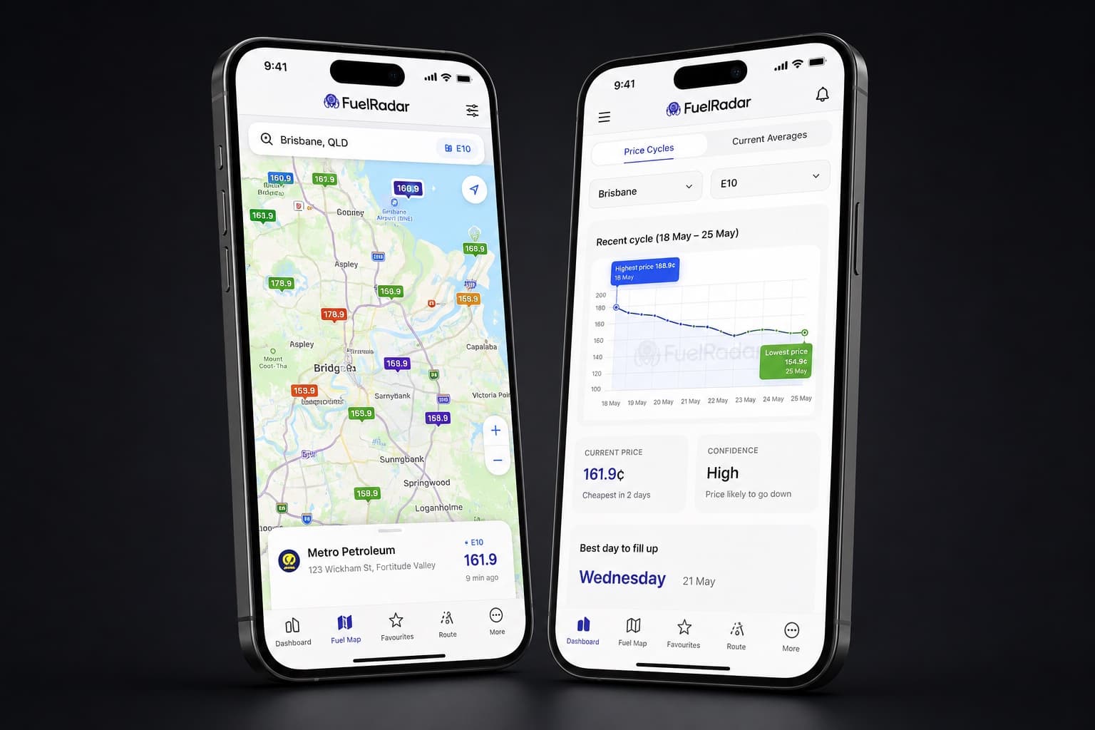 FuelRadar app — live fuel map with price pins and AI price cycle prediction showing best day to fill up